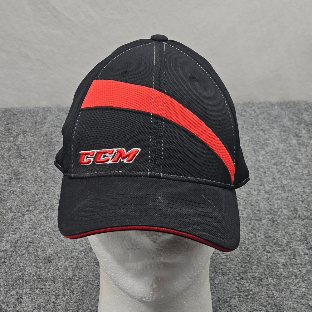 CCM Hat Mens S/M Black Red Stripe Embroidered Hockey Stretch‎ Fit Cap Athletic